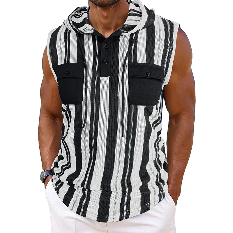 Striped Sleeveless Hooded Pocket Sweatshirt Men's Sporty Drawstring Top