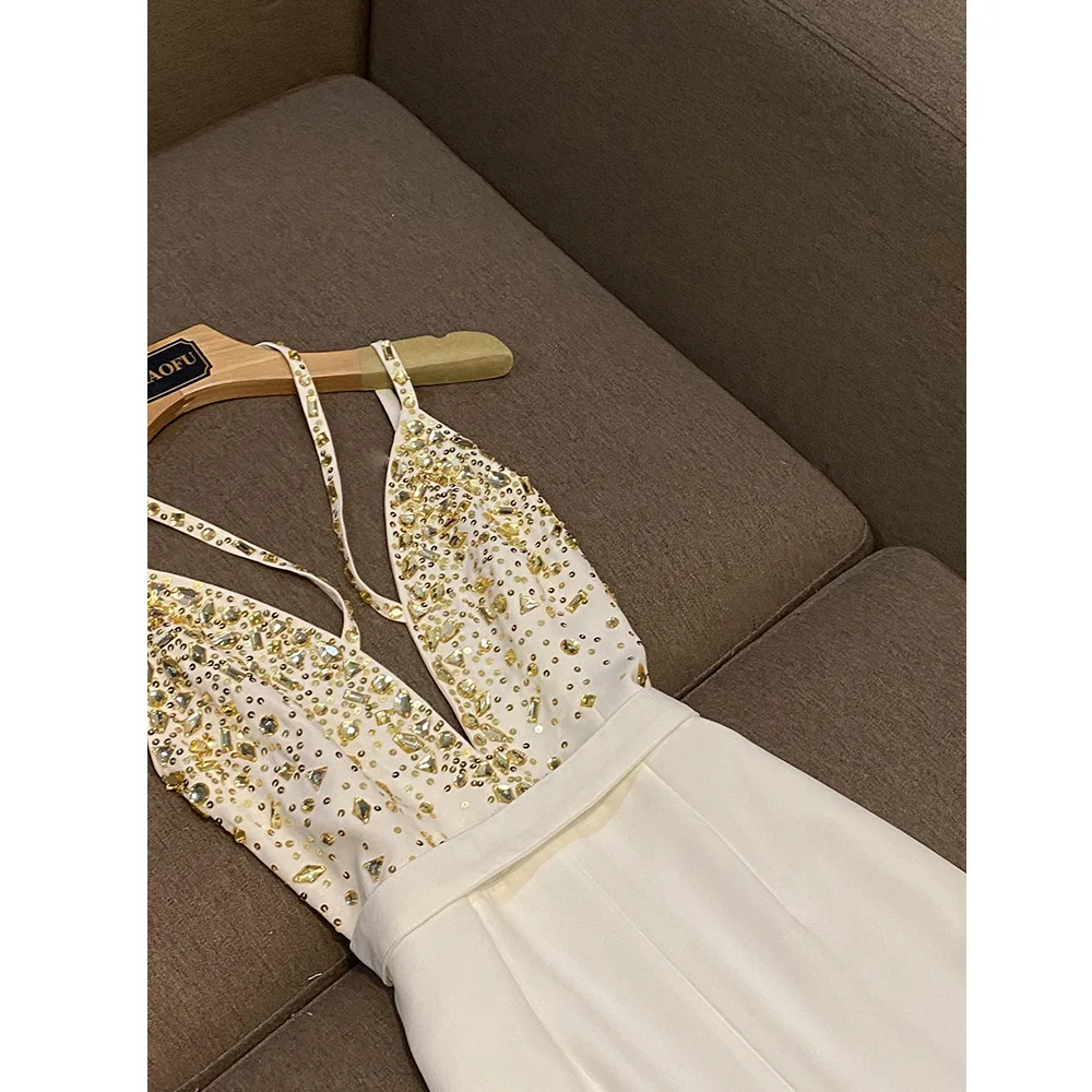 Summer Sexy Deep V Neck Halter Backless Sleevess Bling Sequin Rhinestone Fashion Women White Bodysuit Jumpsuits