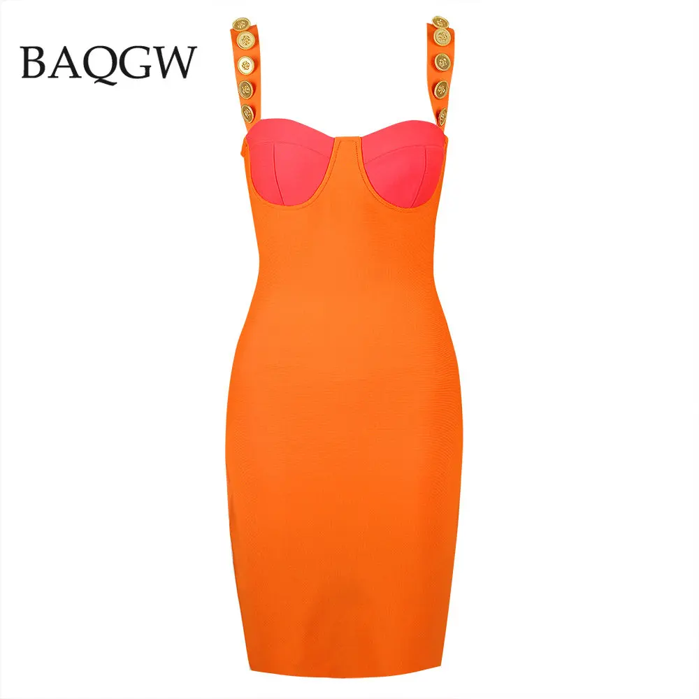 

High Quality Latest Designer Fashion Ladies Rayon Orange & Pink Colorblocked Party Celebrity Dress Elegant Bandage Dresses