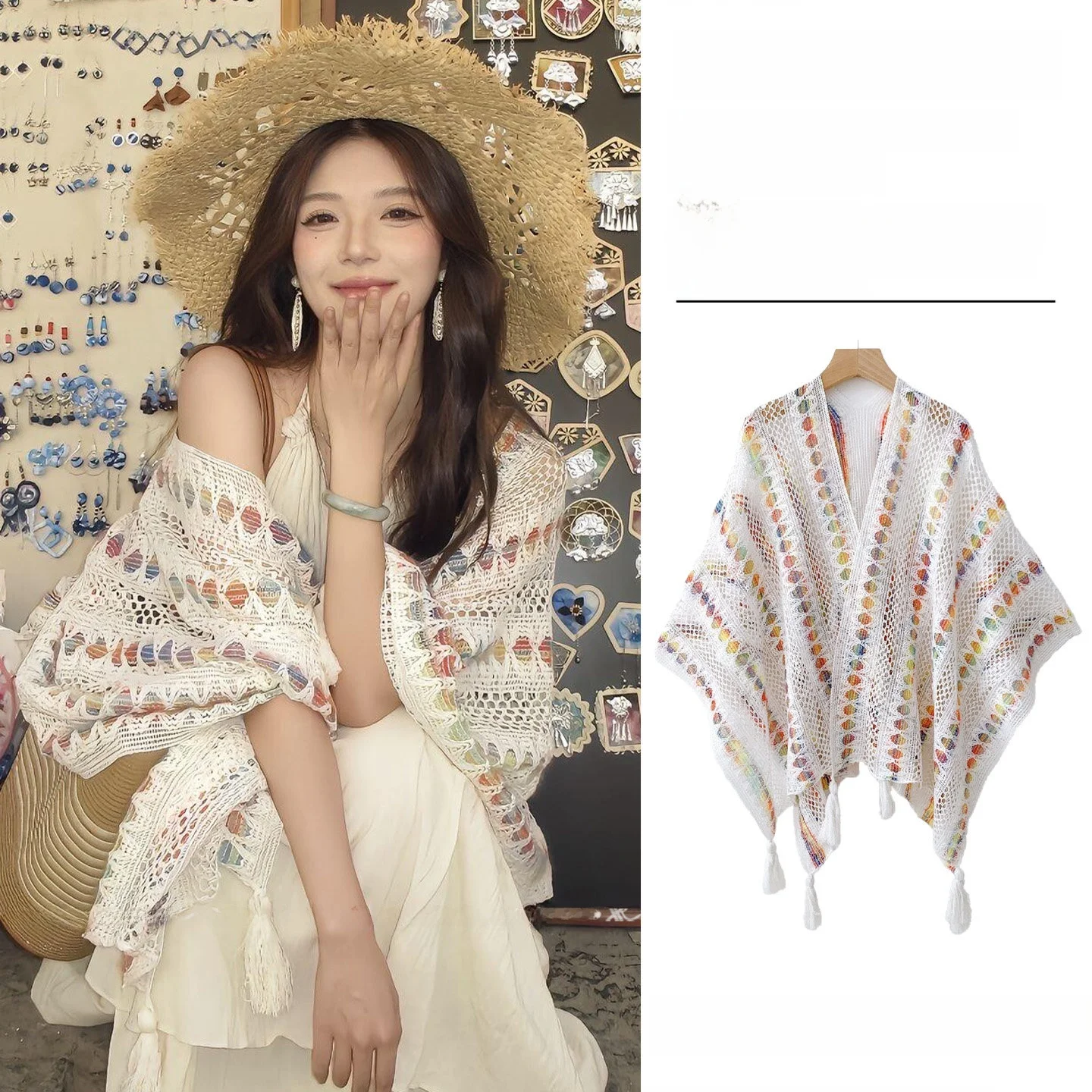  Knitted Lace Tassel Shawl Women's Outerwear Cardigan Travel Style Ethnic Trend Light Weight  Shape Scarf