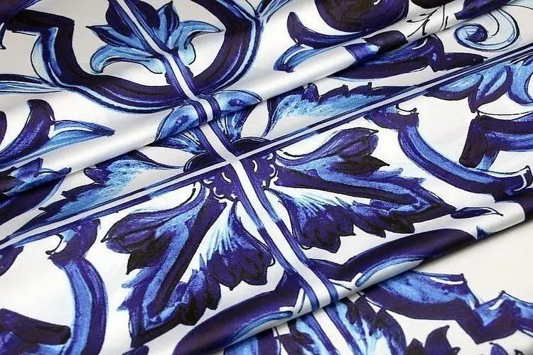Blue and White Porcelain Series Large Flower Custom Satin Silk Fabric mulberry Textile Digital Print to Dress Home Design Sewing