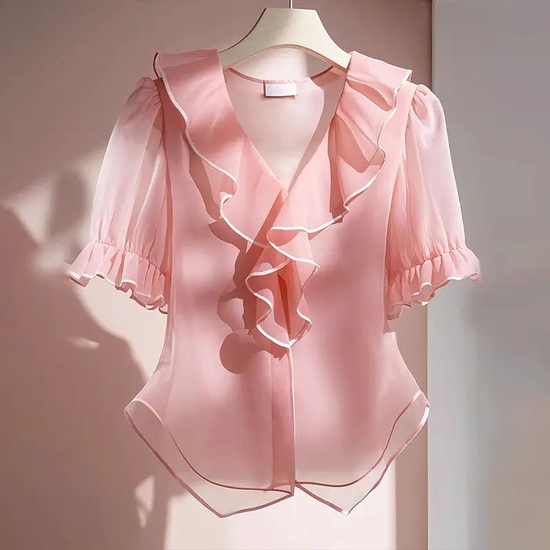Damesmode Ruches Patchwork Chiffon Blouse Zomer 2025, Nieuw Temperament Geplooid Losse Effen Kleur V-hals Korte Mouwen