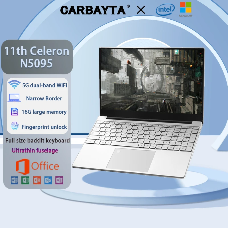 CARBAYTA Intel Celeron N5095 Windows 10 11 Ram 16GB Rom  256GB 512GB 1TB 2TB SSD Computer 2.4G/5.0G Wifi Bluetooth Gaming Laptop