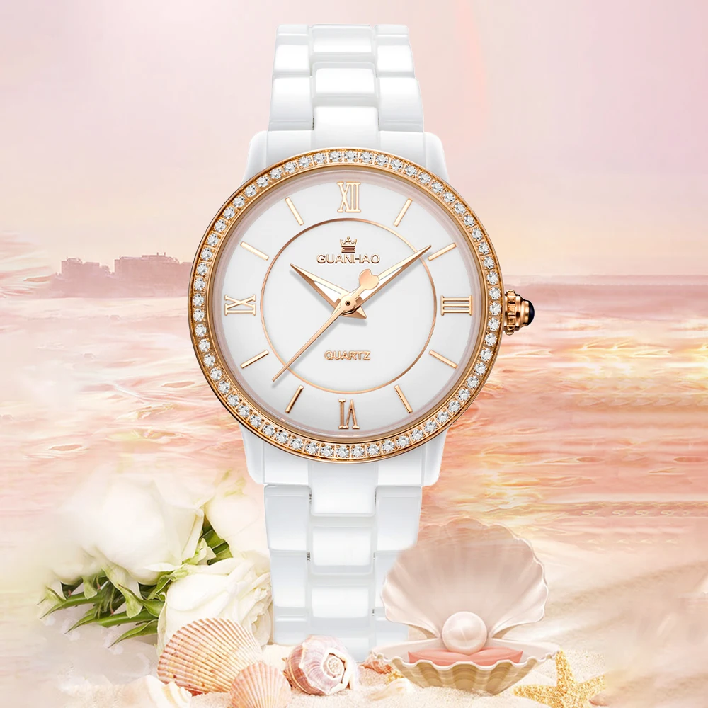 White Ceramic Women Watches With Diamond Waterproof Luxury Romantic Ladies Wristwatch Lady Gift