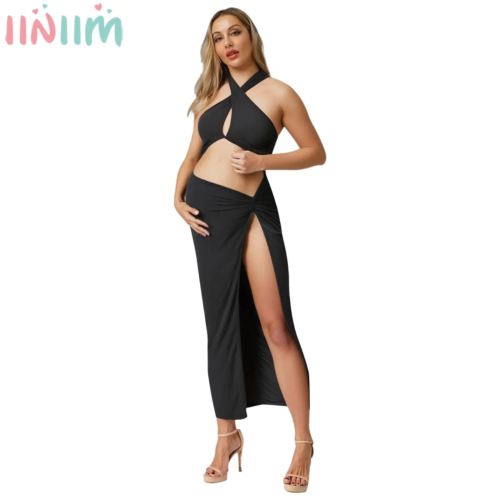 

Maternity Baby Shower Photography Dress Halter Sleeveless Cutout Slit Floor-length Pregnant Dresses for Birthday Wedding Party