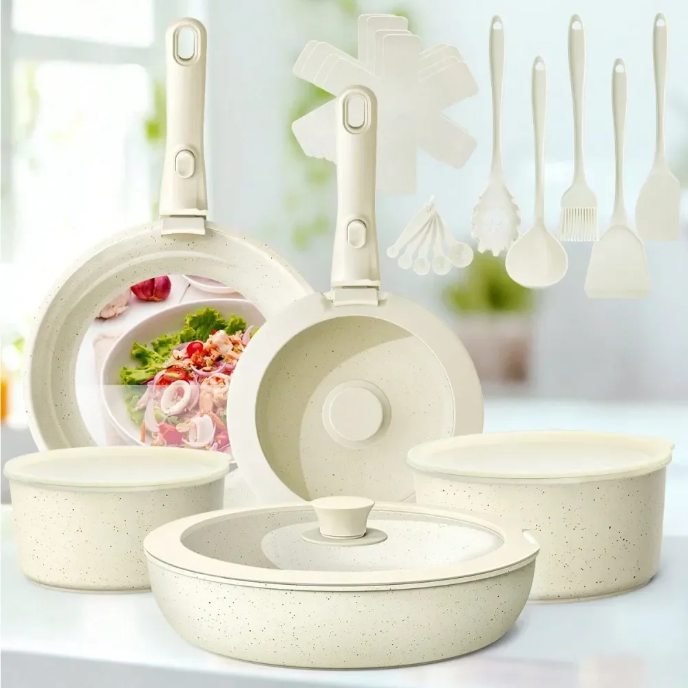 

Ceramic Nonstick Kitchen Pots And Pans Set Cookware Sets With Removable Handles, Oven Dishwasher, Stackable, Induction Ready, I