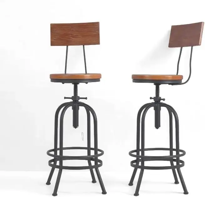 

Набор из 2 регулируемых промышленных барных стульев с спинкой, поворотное деревянное сиденье для кухонного острова/столовой