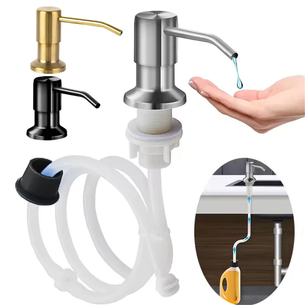 Stainless Steel Kitchen Sink Soap Dispenser Built in Pump Manual Press Detergent Liquid Dispenser with 100cm Tube/350ml Bottle