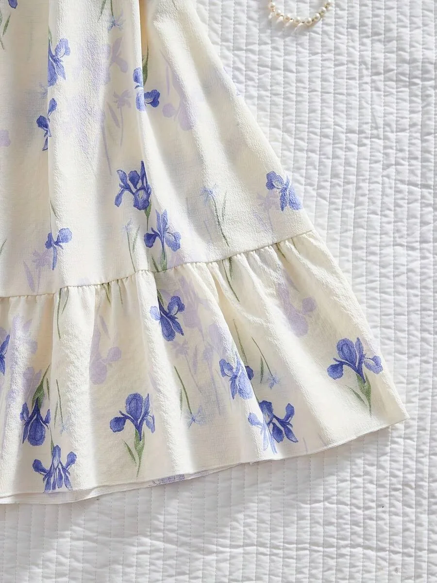 Women Cold Shoulder Floral Print Nightgown, Ruffle Strap Hem Light Thin Breathable Summer Loungewear