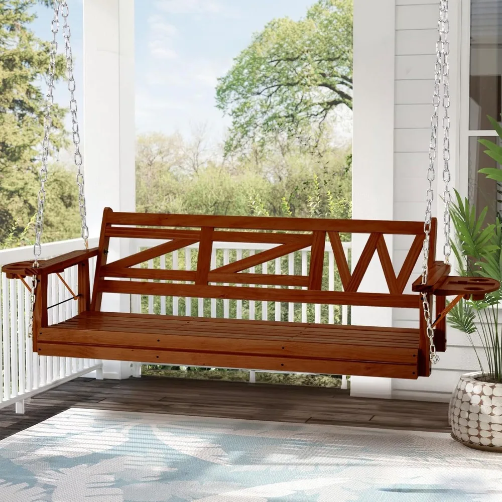 

Прочные деревянные качели для крыльца емкостью 800 фунтов для уличного патио с подвесными цепями и улучшенными подстаканниками для трех человек