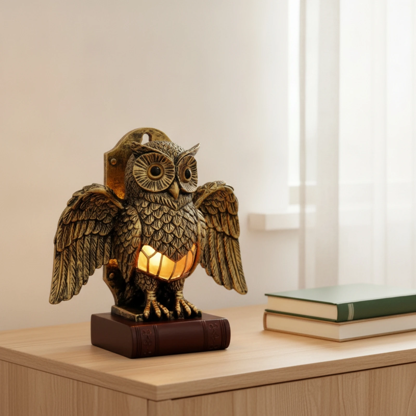 Owl Wall Lamp Antique-Style Owl Lamp with Book Base Vintage Decorative for Reading Corner, Bedroom