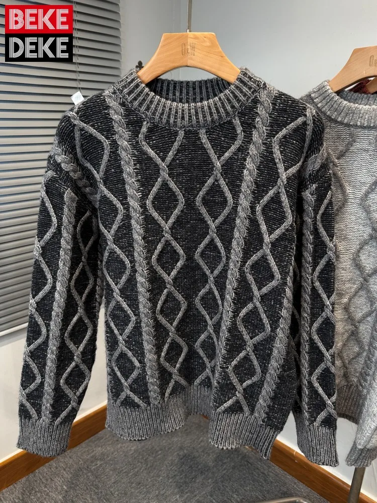 

Винтажный осенний мужской пуловер, свитер свободного покроя с круглым вырезом, классические жаккардовые повседневные вязаные топы с длинными рукавами, утепленный трикотаж