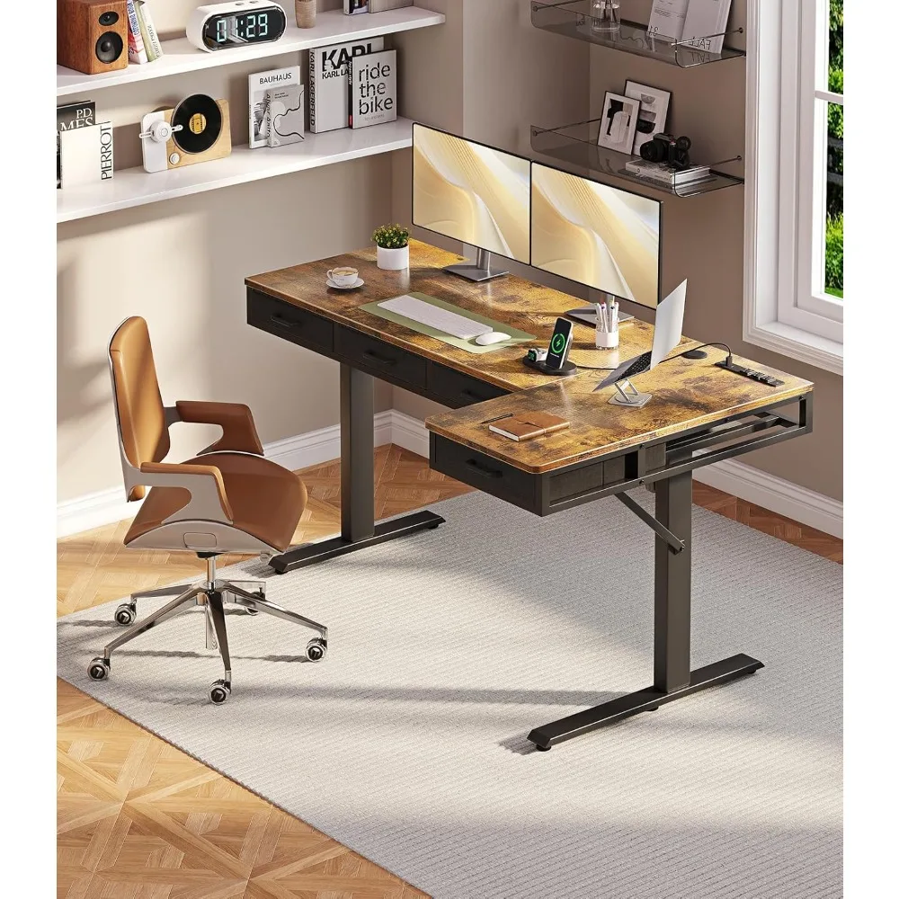 63 Inch L Shaped Electric Standing Desk with Drawers, Height Adjustable Large Desk with Power Outlets, Sit Stand Table