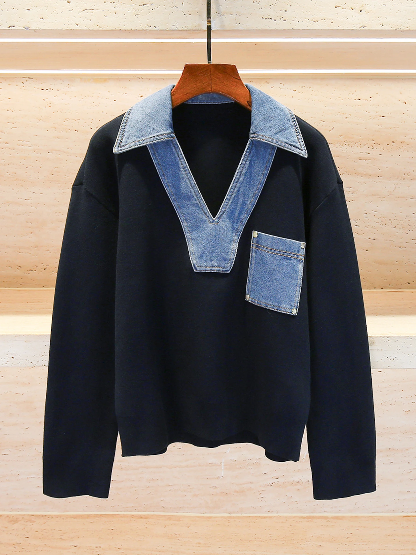 

S Home Southern Oil Высококачественный женский модный осенний новый дизайн 202, джинсовый воротник, вязаный топ стандартной посадки для поездок на работу