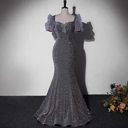 Silver Evening Dress Lace Up Sequins Short Sleeves Strapless Pleat Mermaid Floor-Length New Plus Size Party Dresses Woman XE095