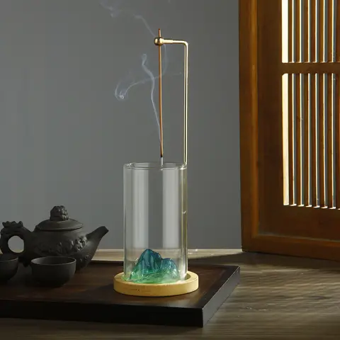 유리 산향꽂이, 끈 잠금 장치가 있는 향꽂이, 재가 날아가는 것을 방지하는 재받이가 있는 향 버너