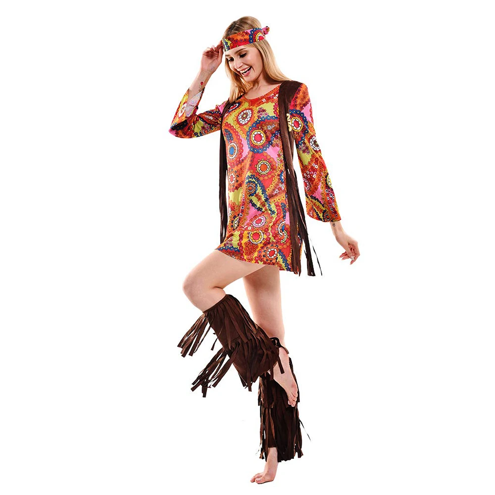 Women Retro Hippie Love Peace Cosplay Dresses Adult Halloween 1960s Tassel Costume Carnival Easter Purim Fancy Dress