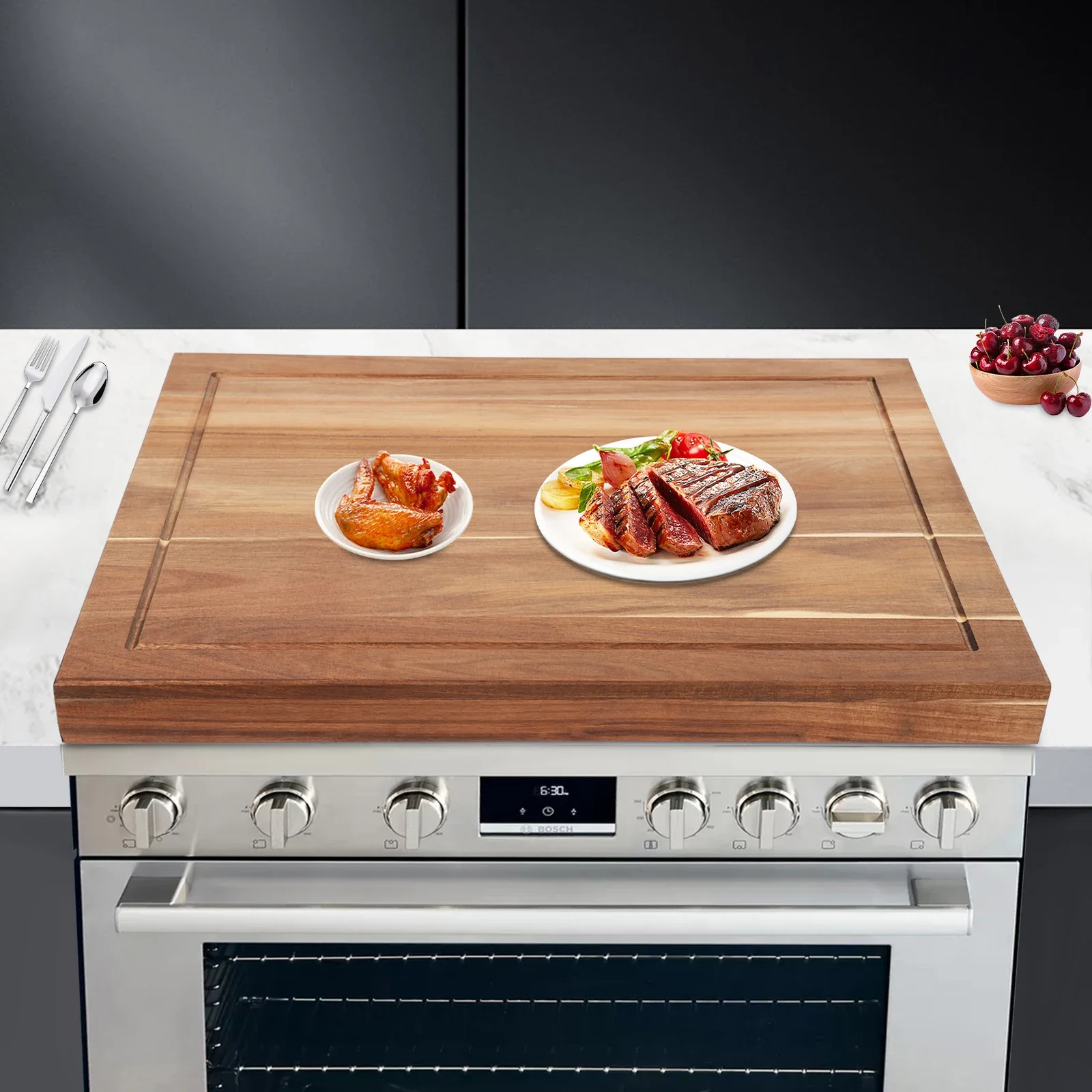 

Acacia Wood Kitchen Organizer Tray Multi-Functional Stove Cover & Cutting Board 30x22x2.5" Thickened Board for Modern Home/Cafe