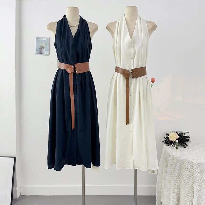 

French Design V-neck Off-the-shoulder Halter Cotton-linen Dress For Women Summer Pleated Single-row Button Knee-length Maxi Dres
