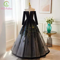 Customized Luxury Black Evening Dress for Women Boat Neck Long Sleeve A-line Velvet Sequins Sparkling Party Formal Gown Vestido