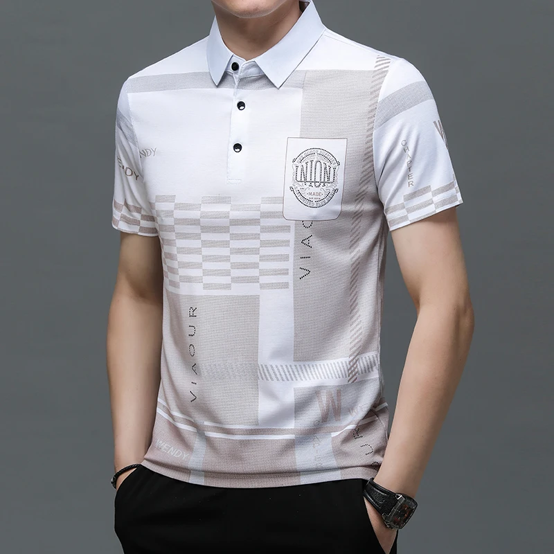 New Summer Men\'s Polo Shirt Business Casual Short Sleeves T-Shirts Turn-down Collar Letter Printing Button Striped Polo Tees