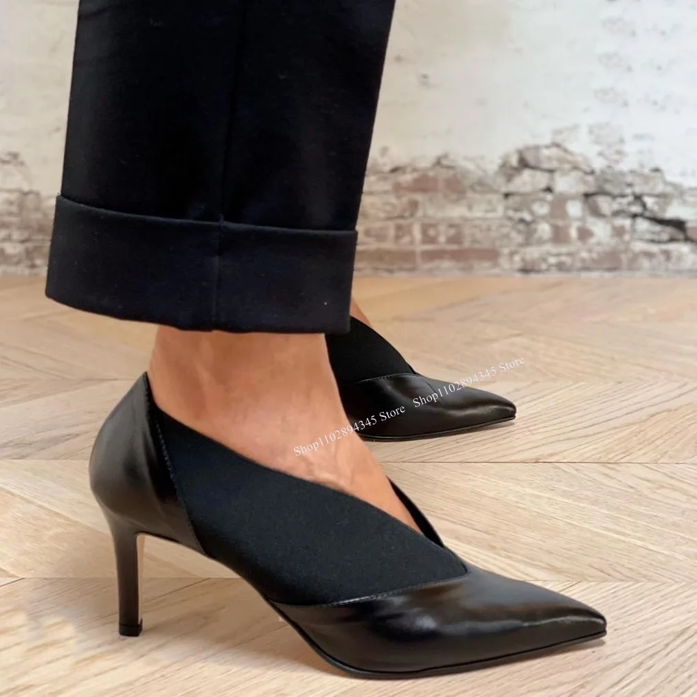 Black Patchwork Shallow Pumps Pointed Toe Mid Calf Thin High Heel Fashionable Sexy Summer 2023 Woman Shoes Zapatillas Mujer