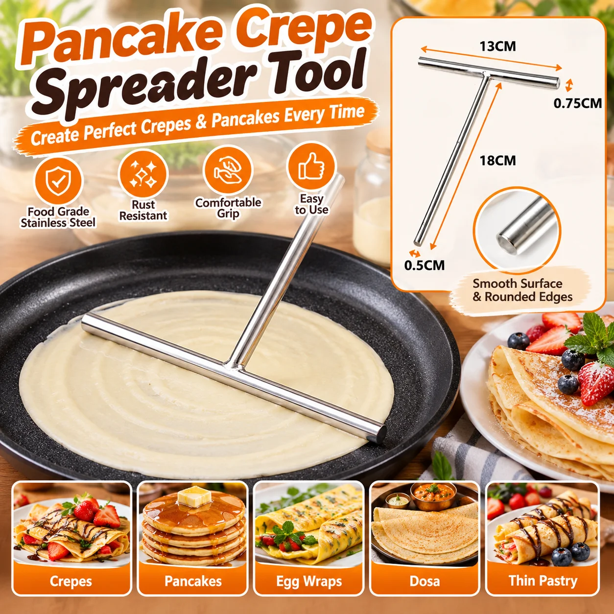 Stainless Steel French Crepe Spreader Professional Batter Spreading Tool for Pancake Griddle Bakery Kitchen