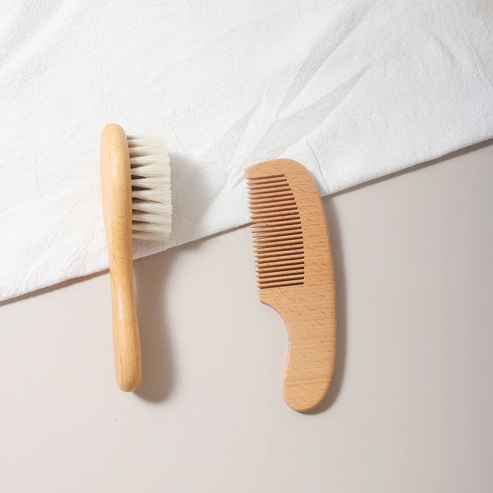 2 قطعة فرشاة صوف الشعر للعناية بالطفل، مشط من خشب الزان، مشط تدليك لحديثي الولادة، مجموعة هدايا استحمام الطفل، فرشاة أطفال طبيعية