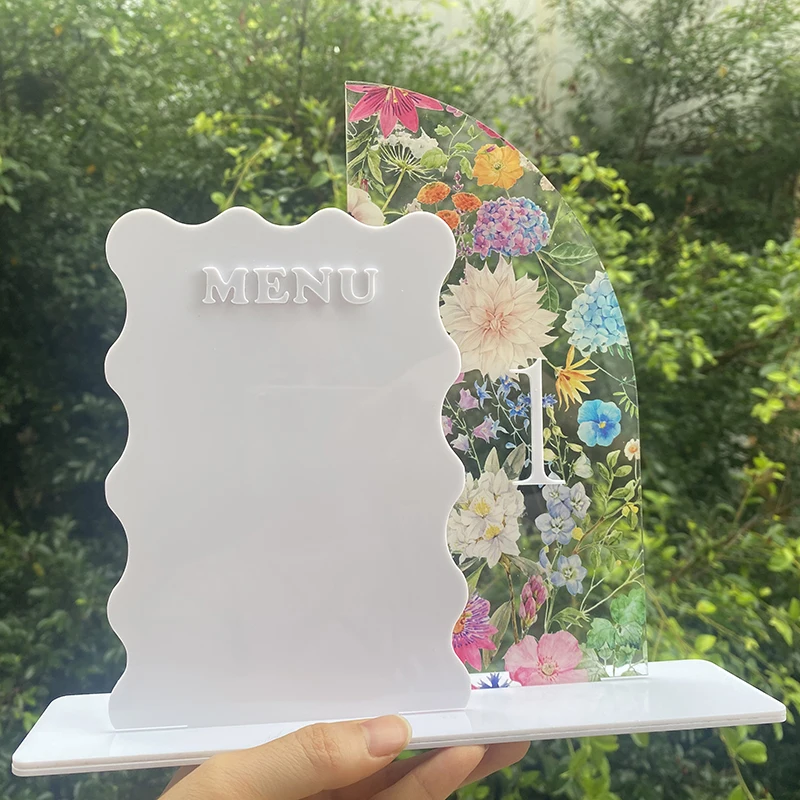

Custom Double Half Arched flower white Mirror Wedding Menu & Table Number Combined Sign Table Centrepiece Wedding Decoration