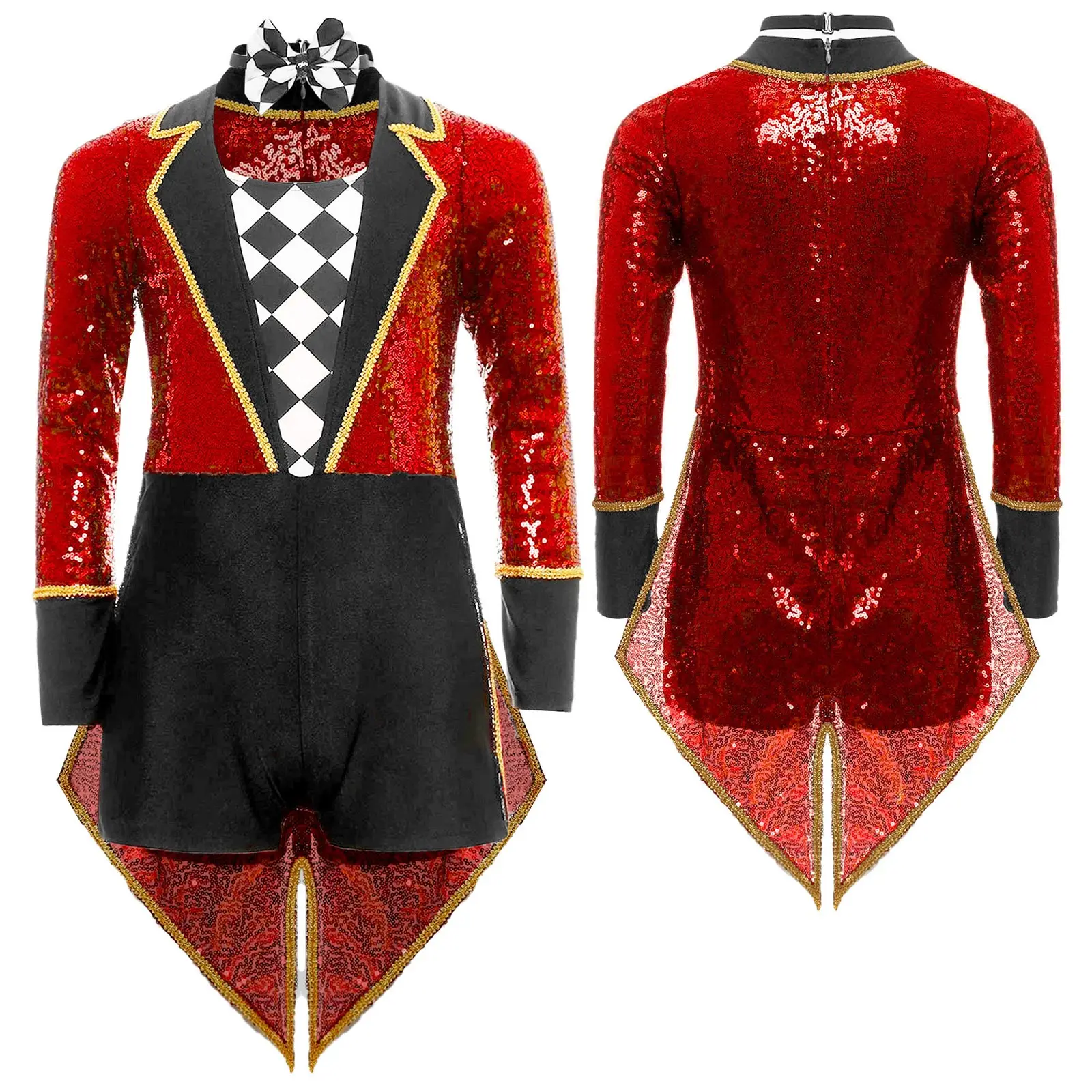 

Kids Long Sleeve Sequin Circus Ringmaster Cosplay Bodysuit Tailcoat with Bow Tie Halloween Carnival Magician Dress Up Costume