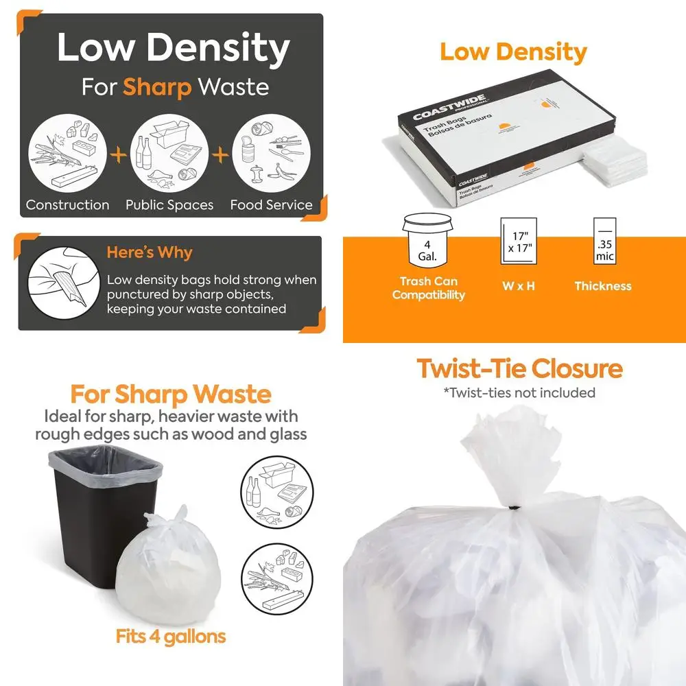 

Пакеты для мусора объемом 4 галлона, 17x17 дюймов, низкой плотности, толщиной 0,35 мил, прозрачные, упаковка 1000 штук.