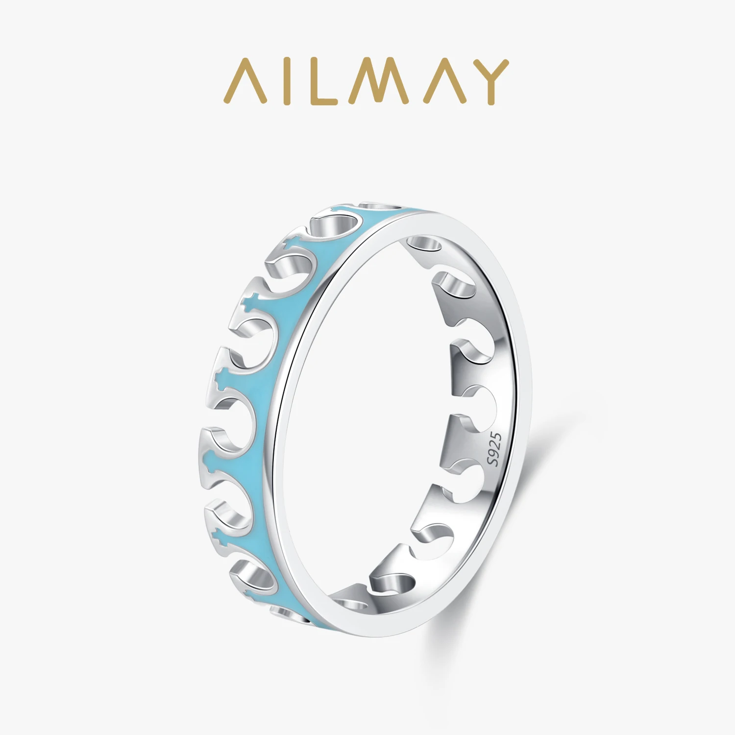 Ailmay High Quality 925 Sterling Silver Unique Trendy Crown Blue Enamel Finger Ring For Women Wedding Engagement Fine Jewelry