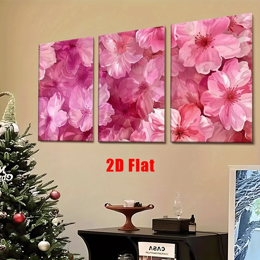 2D Flat, 2D Flat, 2D Flat Artwork Three-Piece Set, Frameless Canvas Art, Featuring Pink Cherry Blossoms, Perfect for Decorati