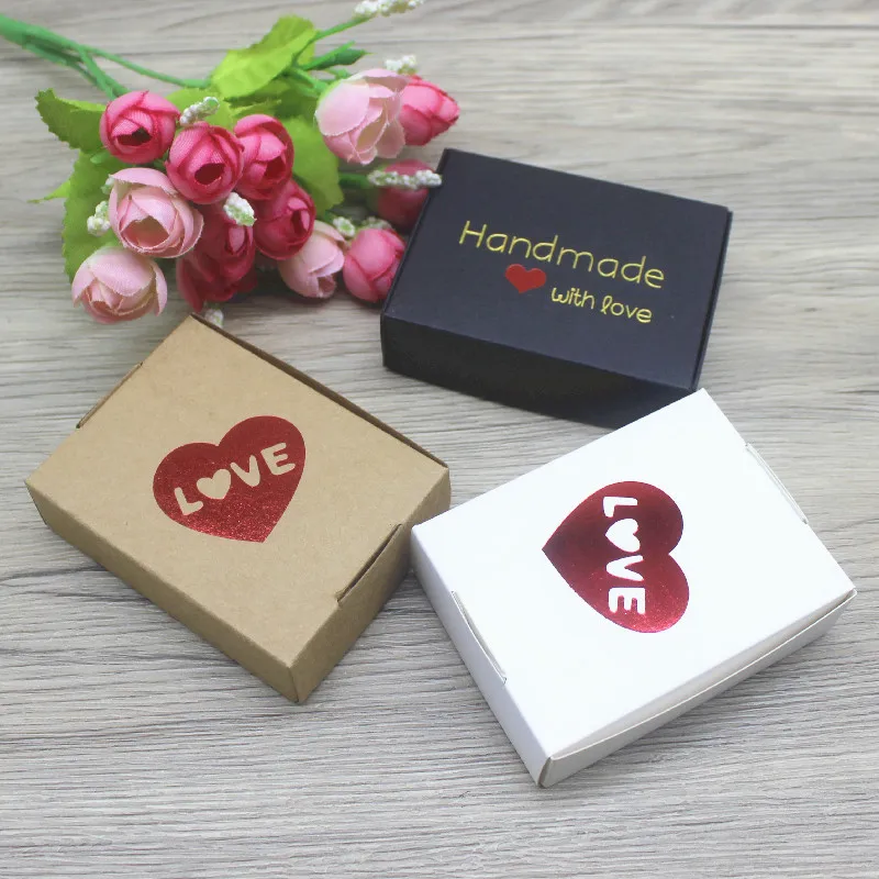 New 500Pcs 8x6x2cm White /Kraft /Black Jewelry display Packing Box Handmade With Love Cardboard Gift Package & Wedding Favourate