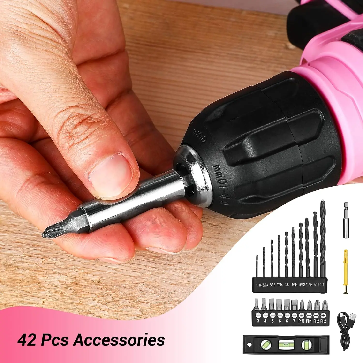 DEKO 8V Pink Cordless Drill, Drill Set with 3/8\