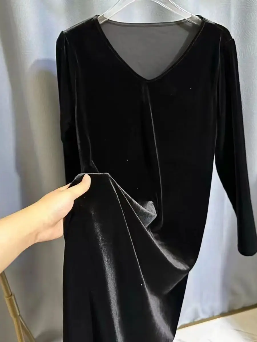 

plus Size Velvet Dr V-Ne Long Sve Thin Spring Autumn New Sle Commuter Korean Sle A-Line Skirt for Middle-Aged Women