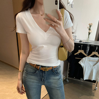 Summer V-neck White Women's Short T-shirts 2025 New Short Sleeve Bottom Korean Casual Shirts Knitwear Slim Tops Female