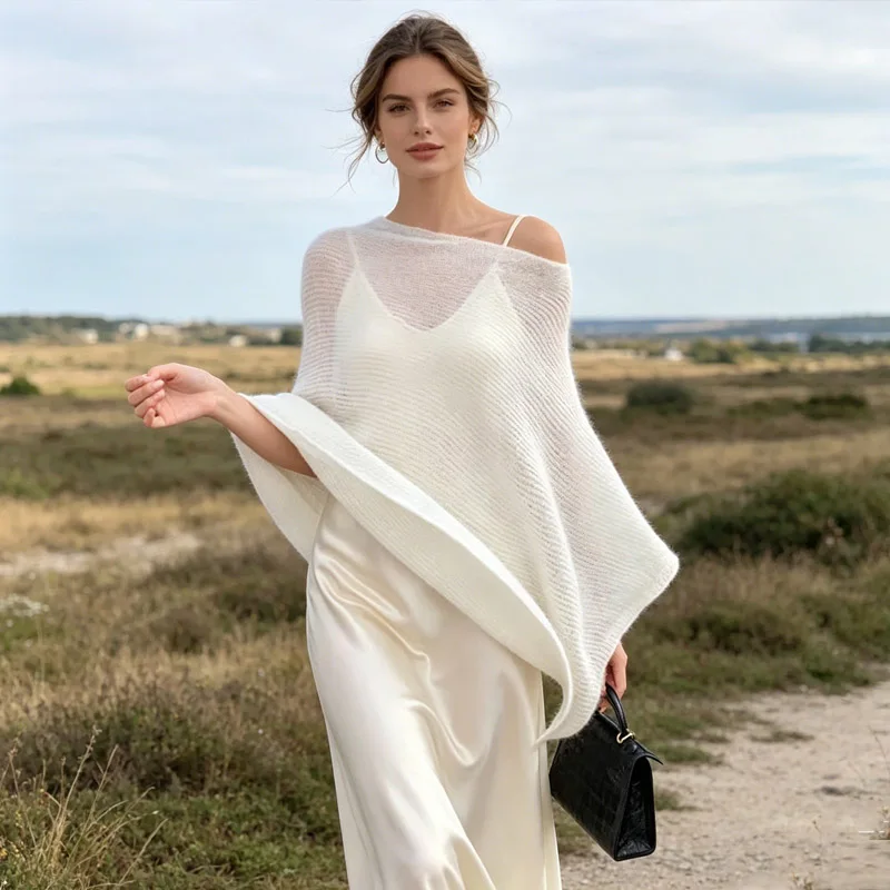Irregular Loose Fashion Knitted Cover Up Solid Color Off Shoulder Blouses Sheer Casual Poncho Top Knitwaer Cape Blouse Elegant