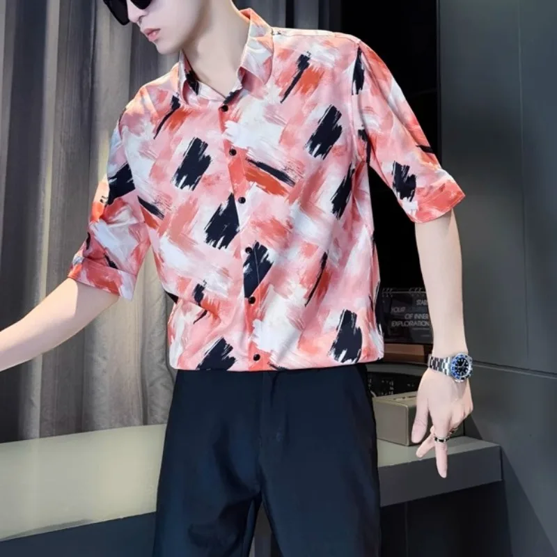 

Trendy Handsome Men's Short Sleeve Shirt Fashion Print Casual Stand Up Collar Shirts Social Party Streetwear Men Clothing 2025