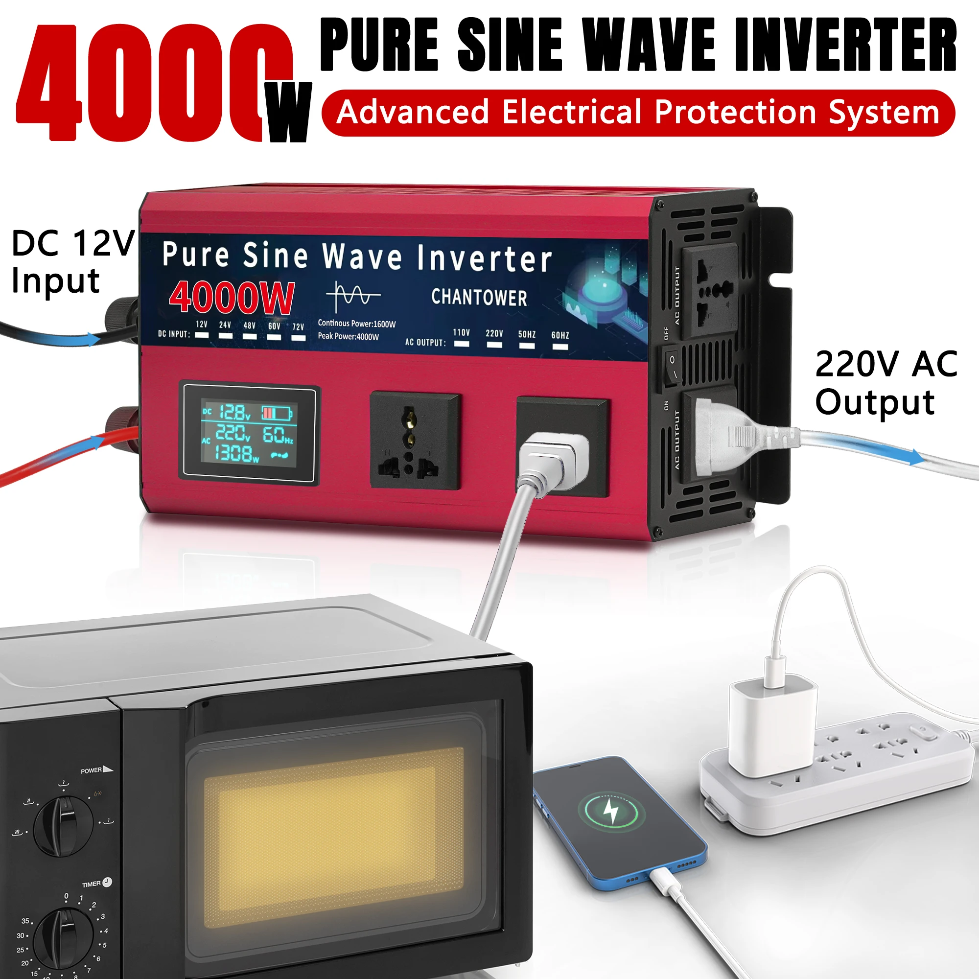 4000W/5000W/5500W Pure Sine Wave Inverter  DC 12V/24V/48v/60v/72v To AC 110v Voltage Converter Car Solar Power Inverter