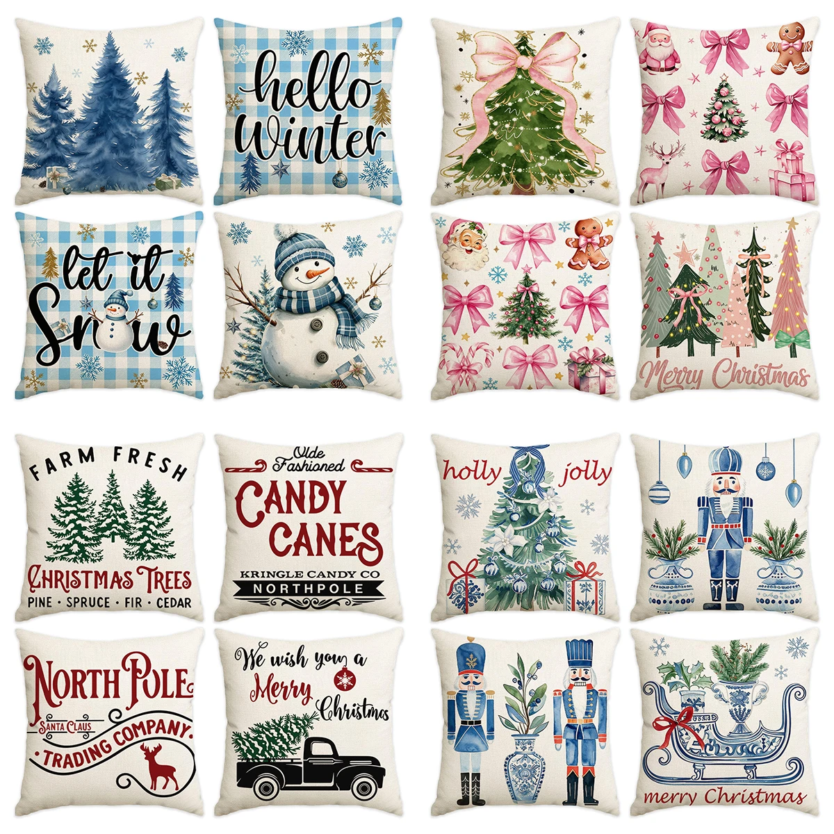 4‑Pack Christmas Cushion Covers Throw Pillow Covers Blue Xmas Tree Snowman Pink Bow Nutcracker Winter Sofa Home Decor Pillowcase