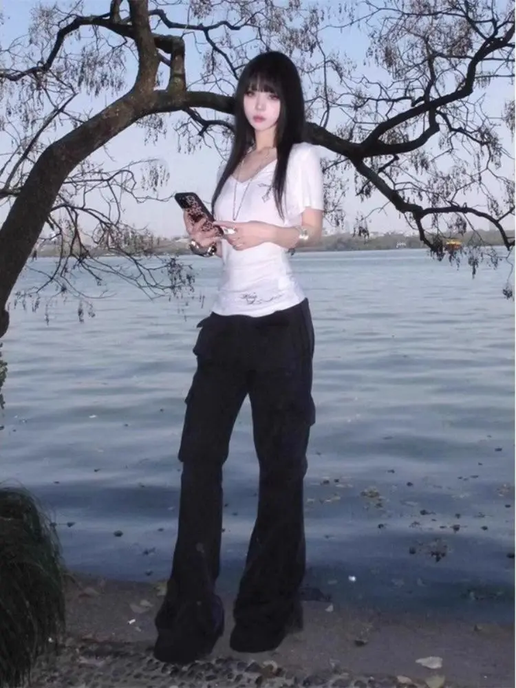 Tawaaiw Gothic Vคอกราฟิกเสื้อT 2000Sเสื้อผ้าY2kสีขาวเกาหลีแฟชั่นฤดูร้อนเสื้อแขนสั้นเสื้อยืดTeesหญิง