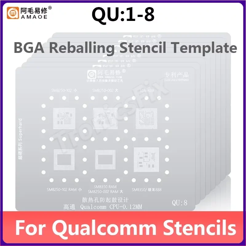 AMAOE QU1-8 BGA pochoir de reballage pour Xiaomi Huawei Oppo Vivo Qualcomm MSM SDM Snapdragon CPU plantation étain acier maille ensemble d'outils