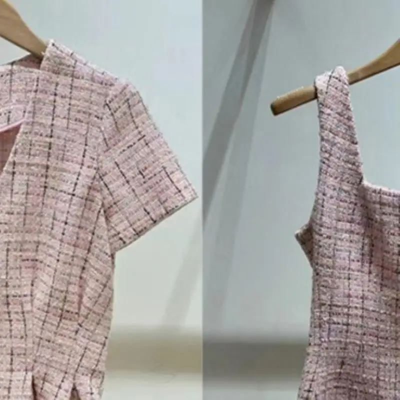 Autumn 2024 Women Pink Plaid Dress Tassel Spliced V-Neck Short Sleeve Single Breasted High Waist Slim Sweet Mini Robe