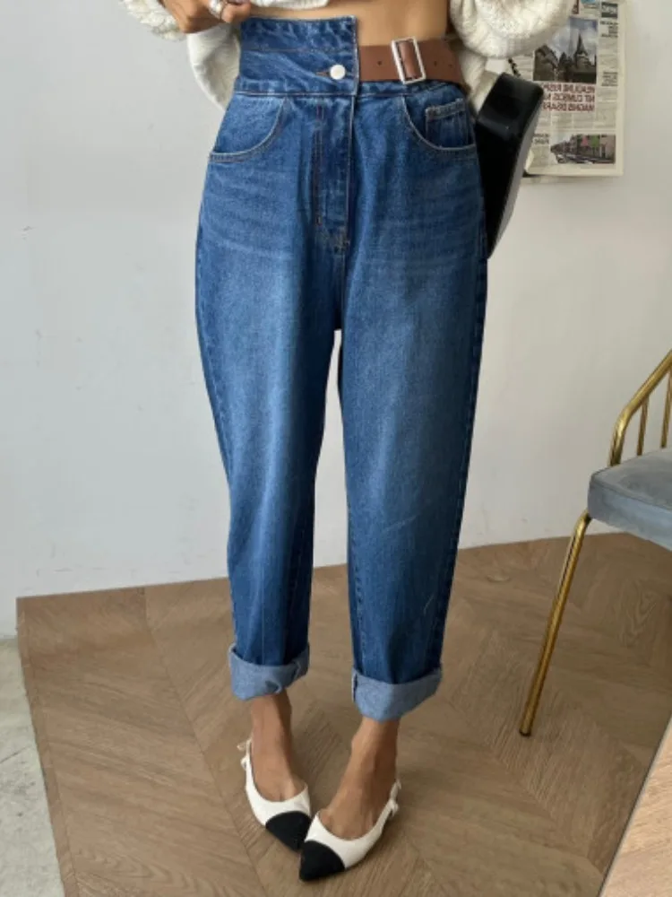 

Дизайн с регулируемым поясом и высокой талией, свободные прямые джинсы, женские модные осенние повседневные удобные джинсовые брюки