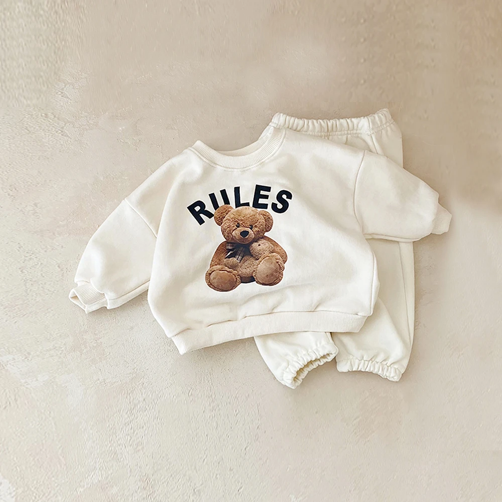 Korean Baby Boys Girls Clothes Spring Fall Set Cute Bear Print Long Sleeve Sweatshirt with Elastic Waist Sweatpants 2PCS Set New