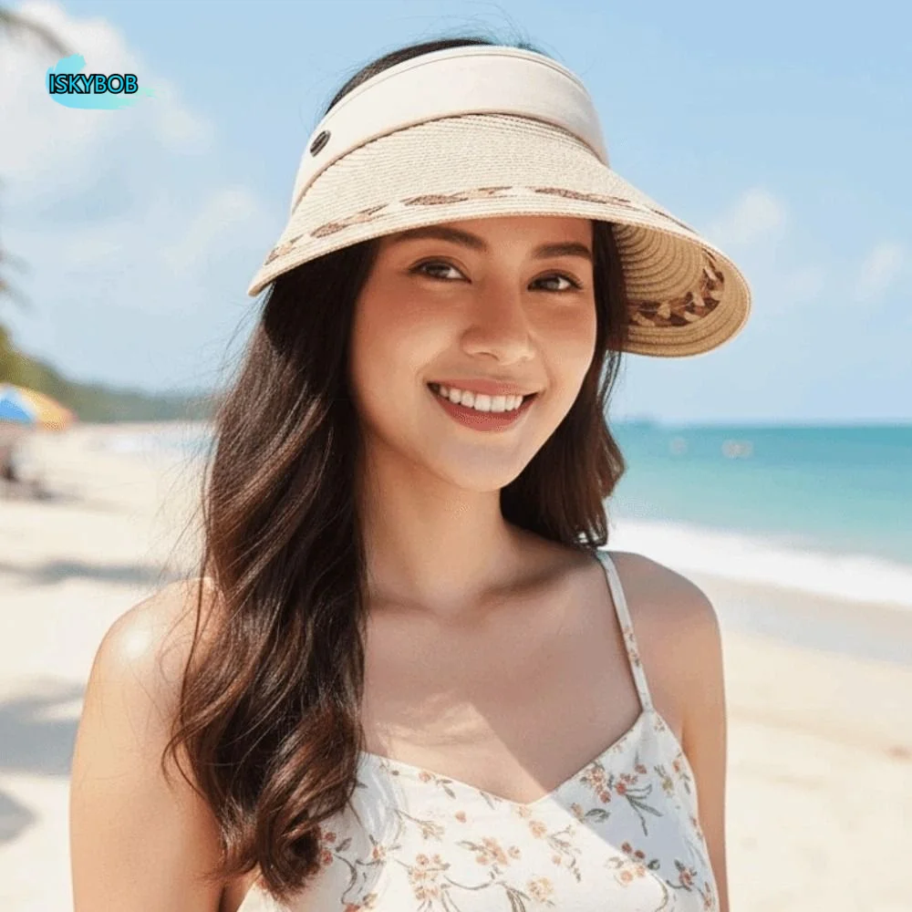 

Summer Portable Straw Visor Cap Breathable Polyester Wide Brim Woven Cap Solid Color Versatile Sunscreen Empty Top Hat Vacation
