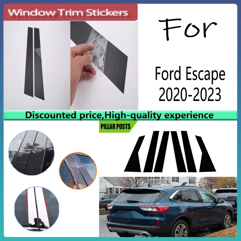 6PCS Fit For Ford Escape 2020 2021 2022 2023 Glossy Black Car Pillar Post Door Decor Window Trim Sticker Cover Decal Accessories