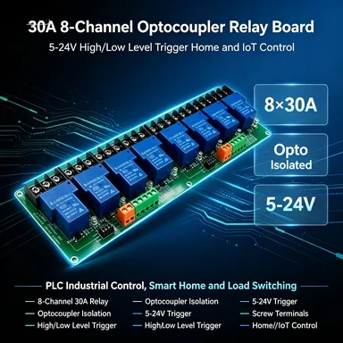 30A 8-Channel Optocoupler Relay Board, 5-24V, High/Low Level Trigger, Home/IoT
