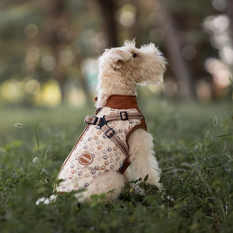 Winter Dog Jacket with Harness Water Repellent Thicken Windproof Vest for Small Dogs Paw Printing Reflective Warm Dog Clothes